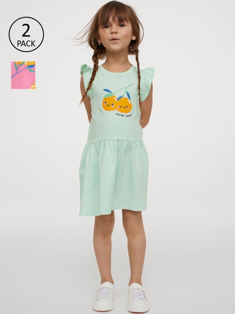 

H&M Girls 2-pack Green & Pink Printed Cotton Fit and Flare Dresses