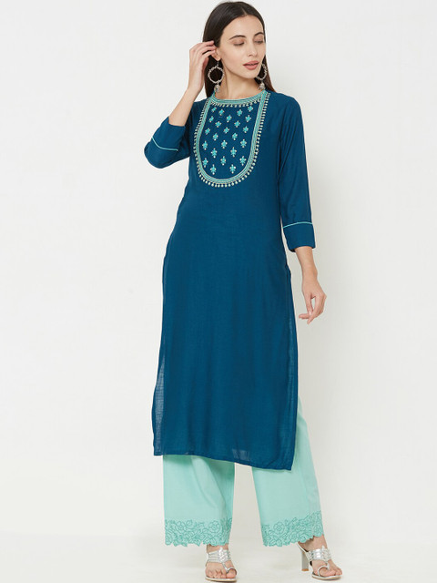 

FASHOR Women Teal Geometric Yoke Design Kurta