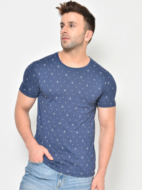 

Chkokko Men Navy Blue Printed Round Neck T-shirt