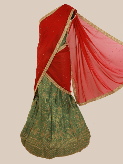 

Pothys Red & Green Poly Chiffon Solid Lehenga Saree