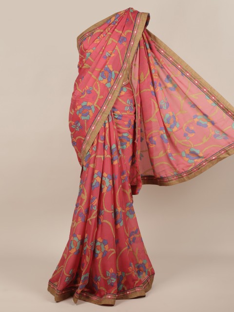 

Pothys Pink & Gold-Toned Poly Chiffon Printed Saree
