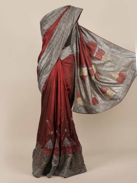 

Pothys Maroon Embroidered Jute Silk Saree