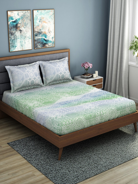 

SPACES Organic Cotton Green & White Ethnic Motifs 180 TC Cotton 1 King Bedsheet with 2 Pillow Covers