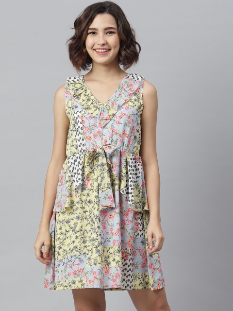 

StyleStone Women Yellow & Blue Printed Fit and Flare Dress