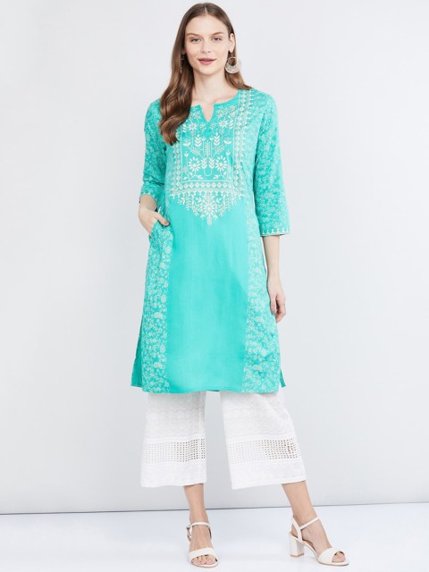 

max Women Turquoise Blue & White Ethnic Motifs Printed Kurta