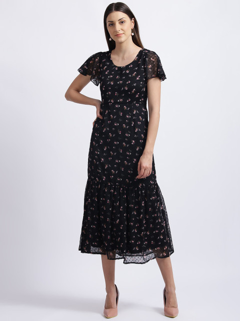 

Zink London Women Black Printed Fit and Flare Dress
