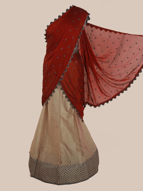 

Pothys Maroon & Cream-Coloured Poly Chiffon Embroidered Half Saree