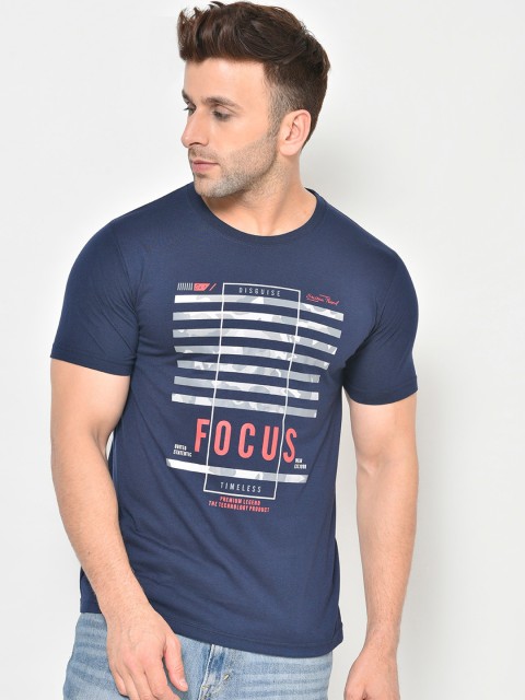 

Chkokko Men Navy Blue Printed Round Neck T-shirt