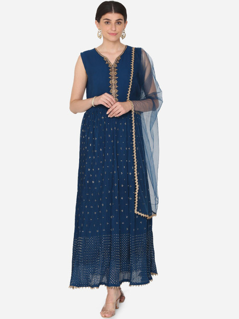 

BOMBAY SELECTIONS Women Navy Blue Embroidered Georgette Kurta with Dupatta