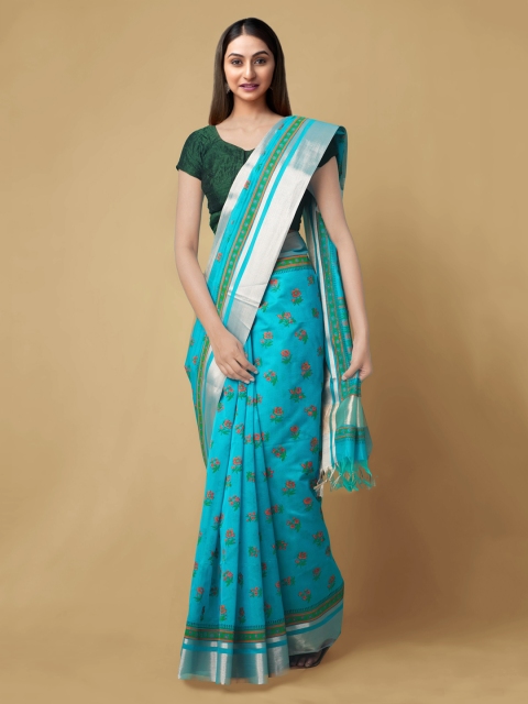 

Unnati Silks Blue & Green Silk Cotton Printed Chanderi Saree