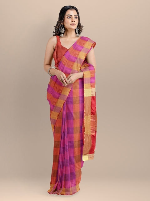 

BharatSthali Magenta Silk Cotton Checked Mangalagiri Saree