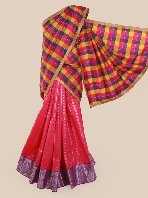 

Pothys Pink & Blue Silk Cotton Checked Saree