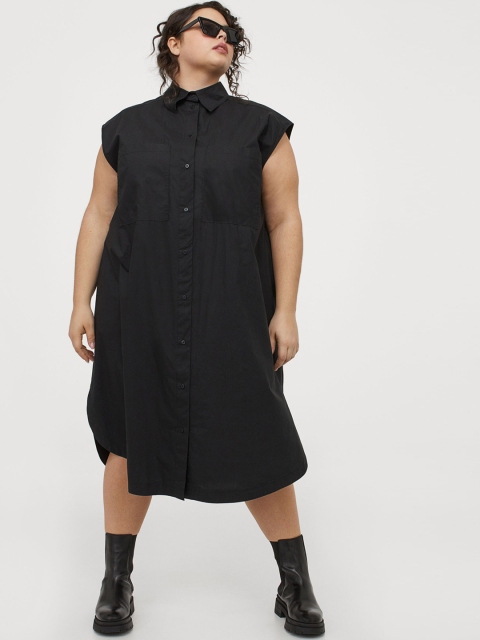 

H&M Women Plus Size Black Solid Sleeveless Cotton Shirt Dress