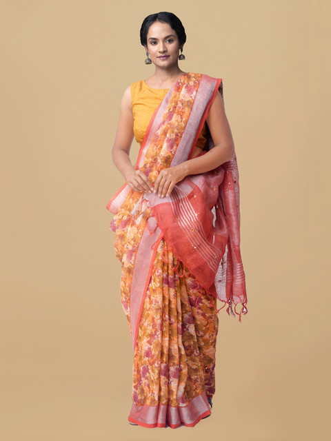 

Unnati Silks Mustard Pure Linen Printed Jamdani Saree