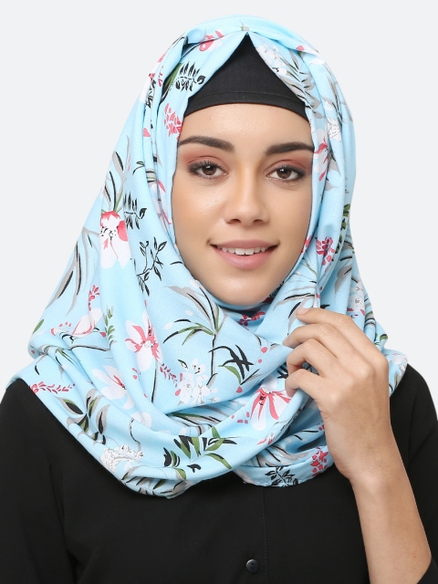 

MOMIN LIBAS Women Turquoise Blue & Pink Floral Printed Hijab Scarf
