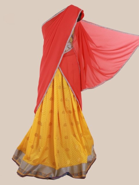 

Pothys Peach-Coloured & Yellow Poly Chiffon Woven Design Saree