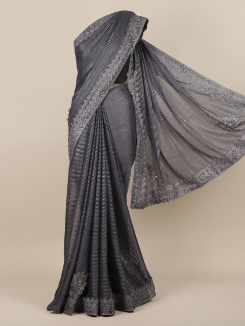 

Pothys Grey Striped Poly Georgette Saree