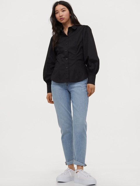 

H&M Women Black Solid Puff-sleeved Cotton Shirt