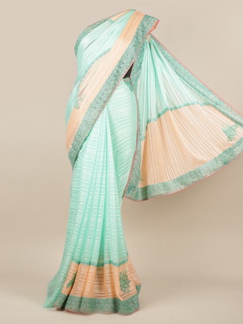 

Pothys Sea Green & Beige Poly Georgette Striped Saree