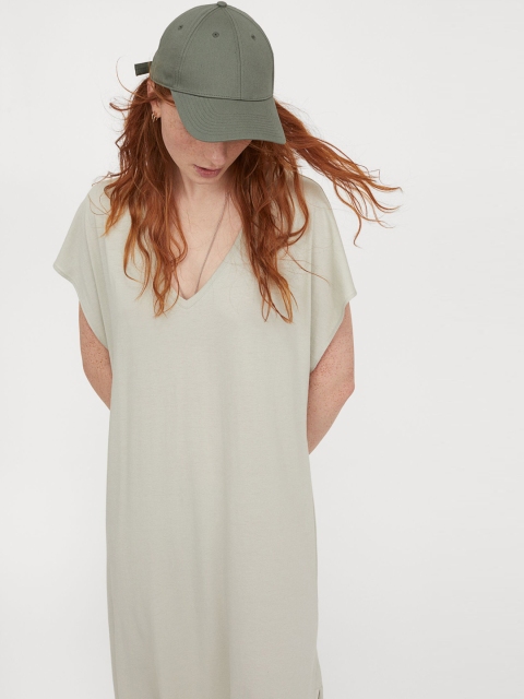 

H&M Women Sea Green Solid V-Neck Jersey Dress