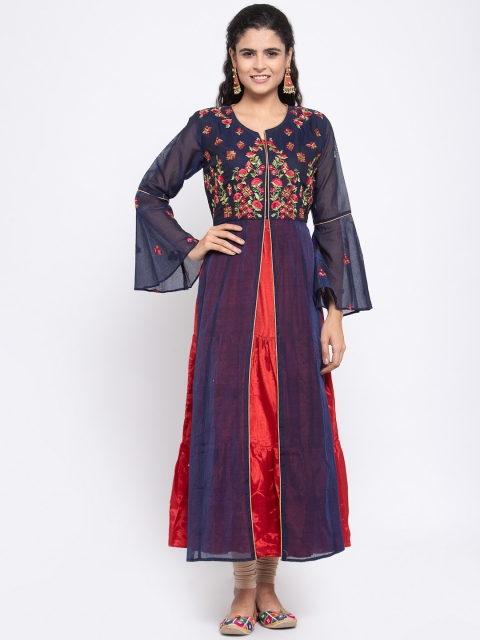 

Kiaasa Women Red Chanderi Kurta With Embroidered Jacket