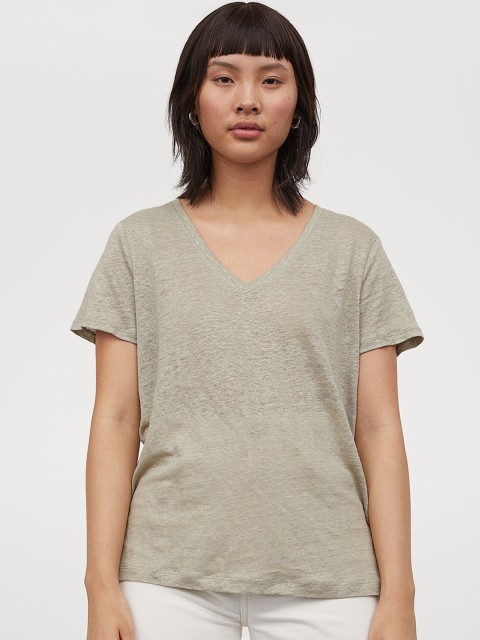 

H&M Women Green Solid Linen Jersey Top
