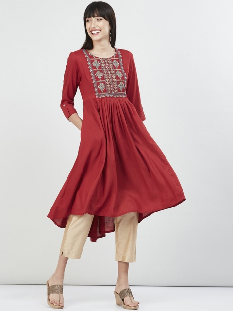 

max Women Maroon & Blue Floral Yoke Design Thread Work Floral Anarkali Kurta
