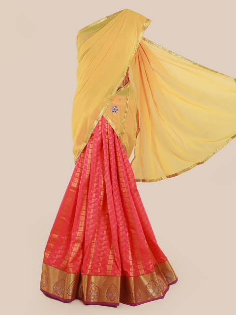 

Pothys Yellow & Pink Poly Chiffon Woven Design Lehenga Saree