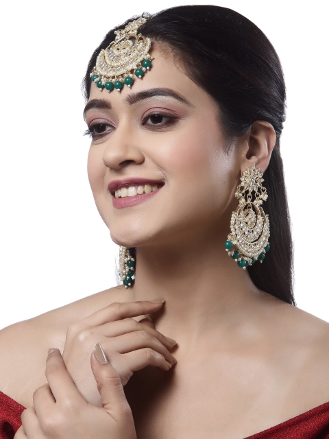 

Shining Diva 18K Gold-Plated Kundan-Studded & Beaded Antique Maang Tika Earrings Set