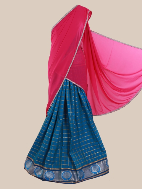 

Pothys Pink & Teal Blue Poly Chiffon Woven Design Half Saree