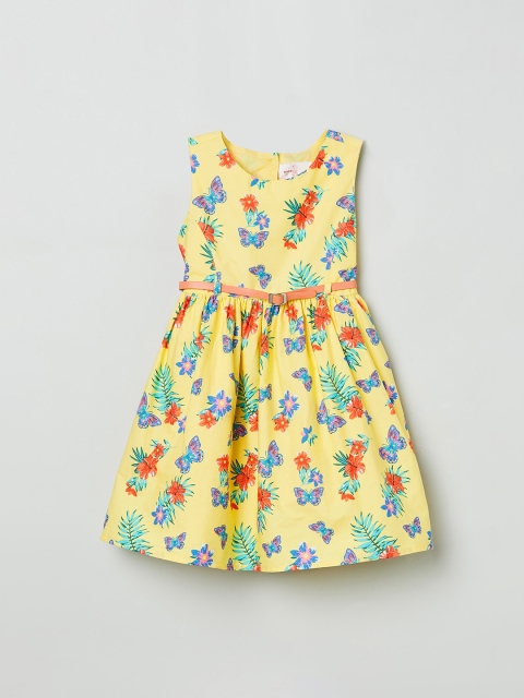 

max Girls Yellow Printed Cotton Fit and Flare Dress