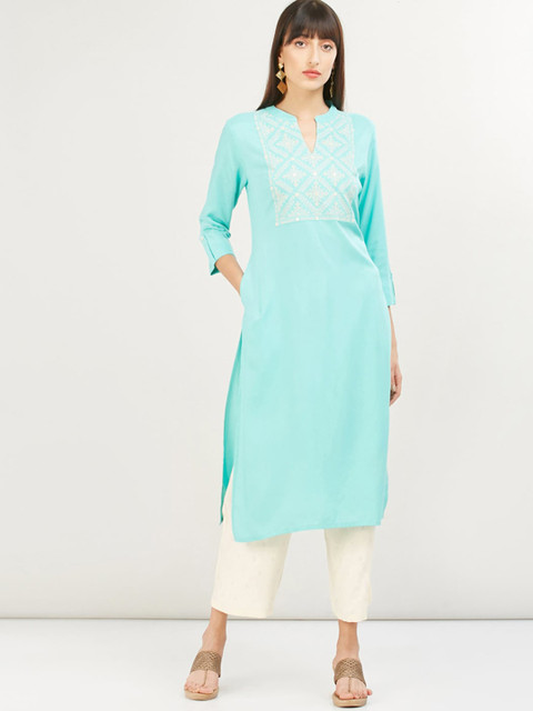 

max Women Turquoise Blue & White Ethnic Motifs Embroidered Kurta