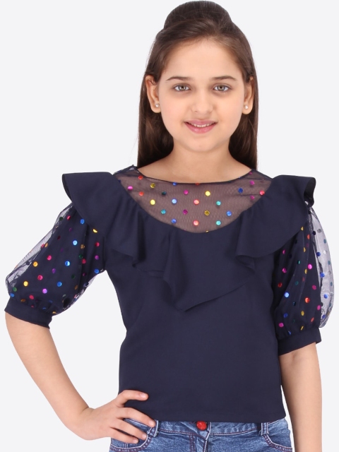 

CUTECUMBER Navy Blue Embellished Puff Sleeves Georgette Regular Top
