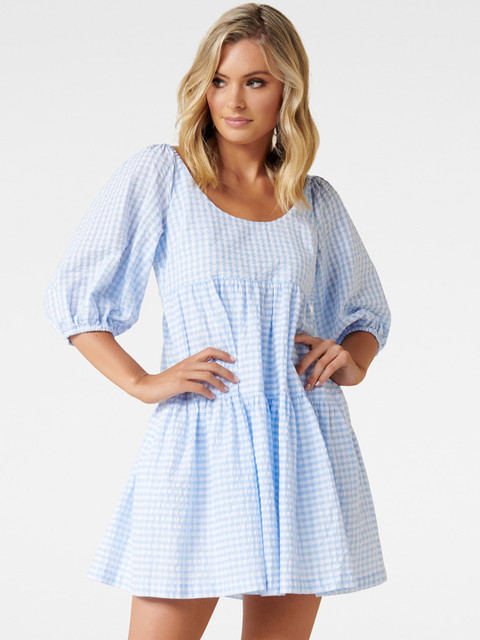 

Forever New Women Blue Checked A-Line Dress