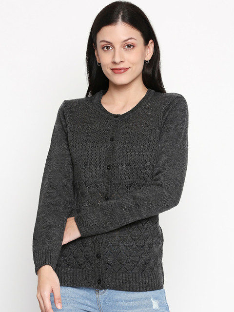 

RANGMANCH BY PANTALOONS Women Charcoal Self Design Cardigan Sweater