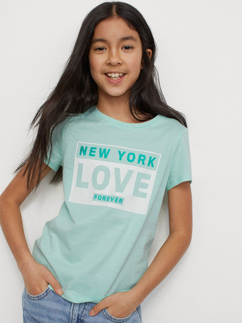 

H&M Girls Turquoise Blue & White Printed Jersey Top