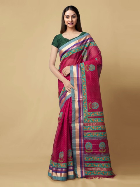 

Unnati Silks Red Silk Cotton Printed Chanderi Sustainable Saree