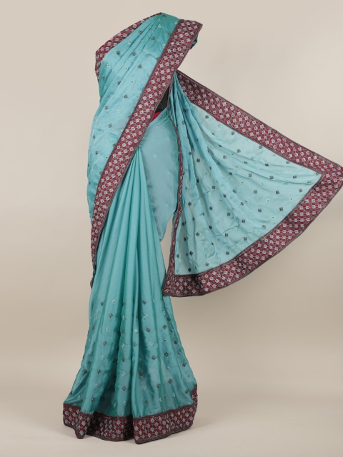 

Pothys Turquoise Blue Embroidered Poly Chiffon Saree