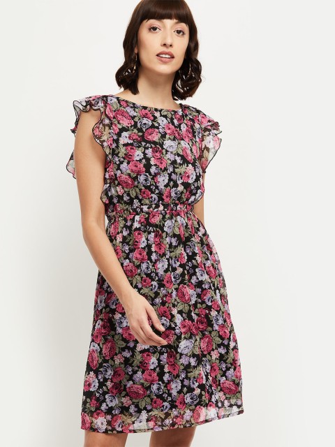 

max Women Black Printed Fit and Flare Dress