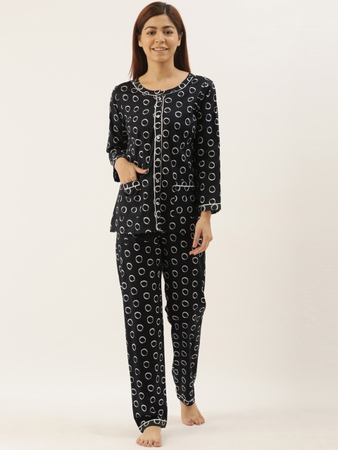 Bannos Swagger Women Black & White Printed Night Suit