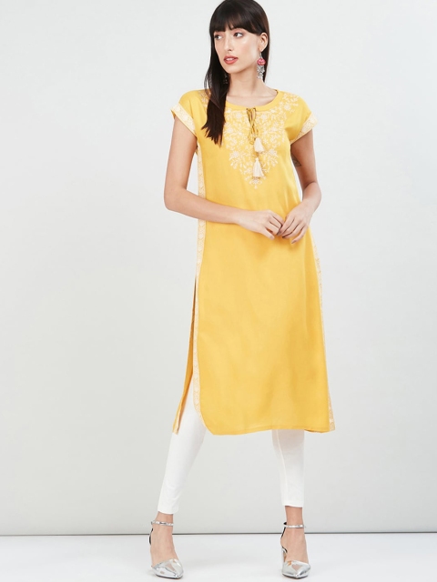 

max Women Yellow Yoke Design Keyhole Neck Thread Work Kurta