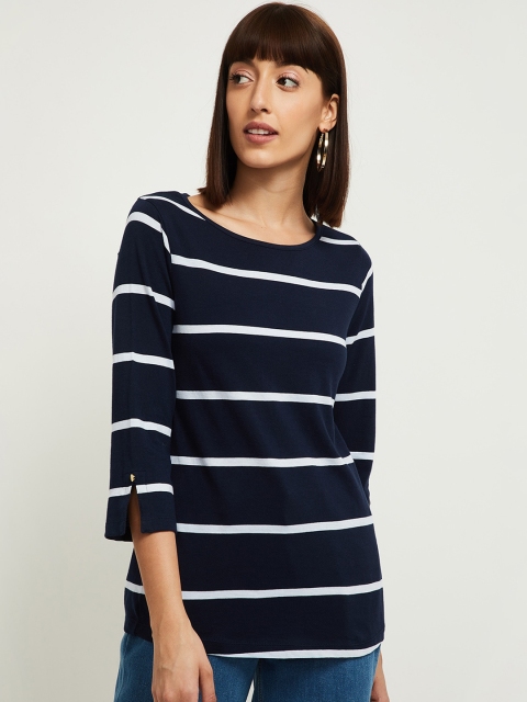 

max Women Blue Striped Round Neck T-shirt