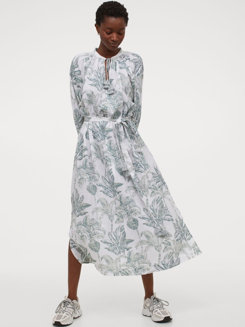 

H&M Women White & Green Printed Cotton A-Line Dress