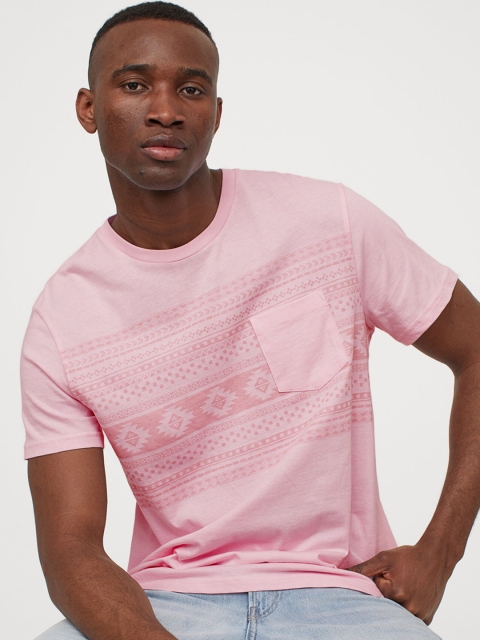 

HM Men Pink Printed Cotton Pure Cotton T-shirt