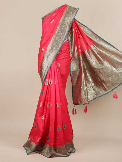 

Pothys Pink & Gold-Toned Jute Silk Embellished Saree with Tasseled Pallu