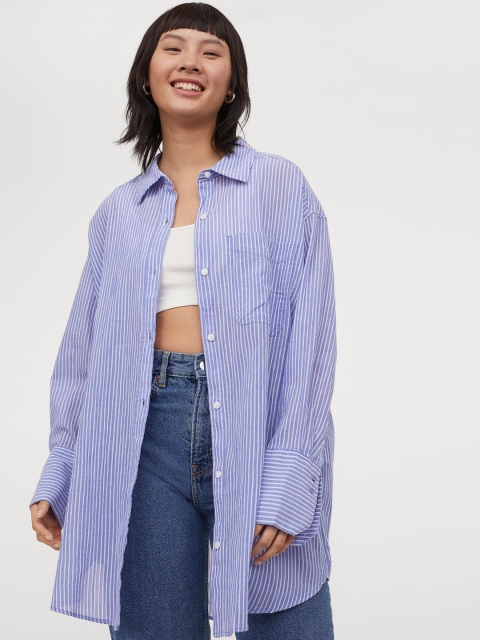

H&M Women Blue Solid Oversized Cotton Shirt