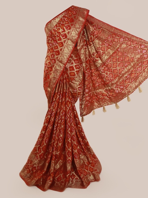 

Pothys Red & Gold-Toned Poly Georgette Woven Design Saree