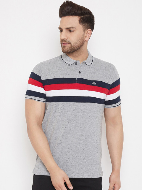 

98 Degree North Men Grey Striped Polo Collar T-shirt