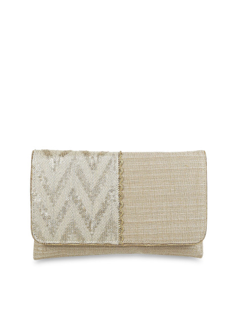 

Mochi Beige & Gold-Toned Embellished Envelope Clutch