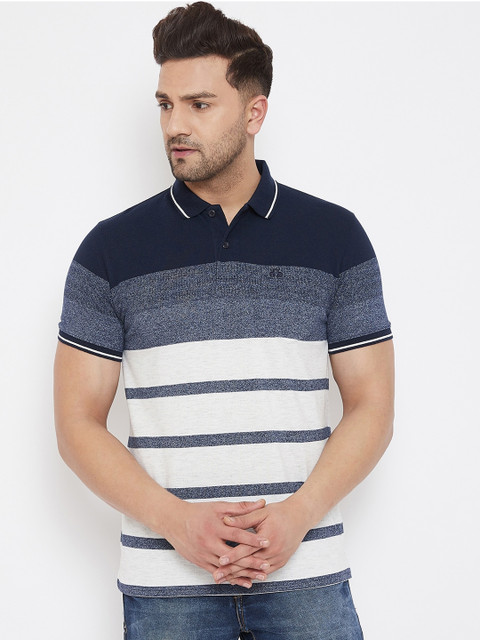 

98 Degree North Men Navy Blue Striped Polo Collar T-shirt